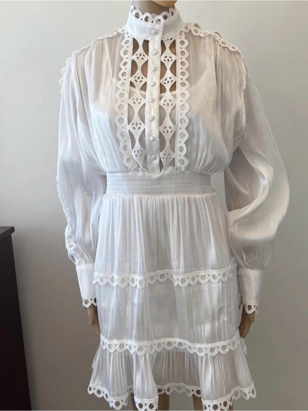ZIMMERMANN Silky White Scalloped Lace Long Sleeve Embroidered Designer Dress